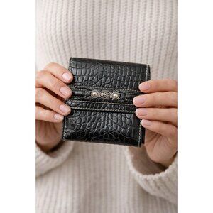 Brighton Black Leather Croc Embossed Wallet Trifold Organizer Snap Closure Pink